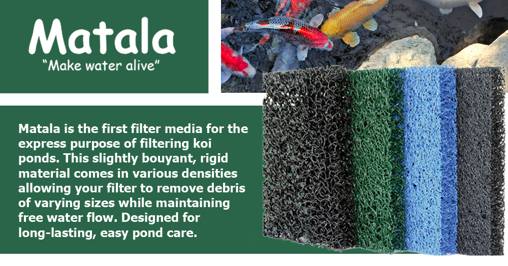 Matala is the first filter media for the express purpose of filtering koi ponds. This slightly bouyant, rigid material comes in various densities allowing your filter to remove debris of varying sizes while maintaining free water flow. Designed for long-lasting, easy pond care.